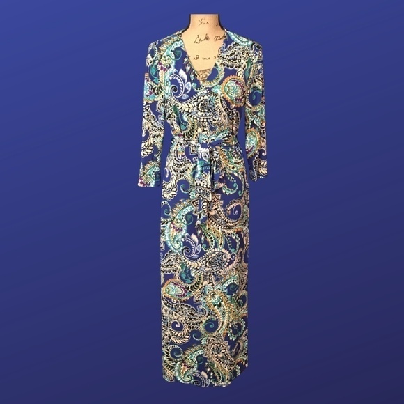 Msk Surplice Wrap MAXI Dress, BLUE/AQUA/CREAM/MULTI PAISLEY, Size Large, NWOT - Picture 1 of 11